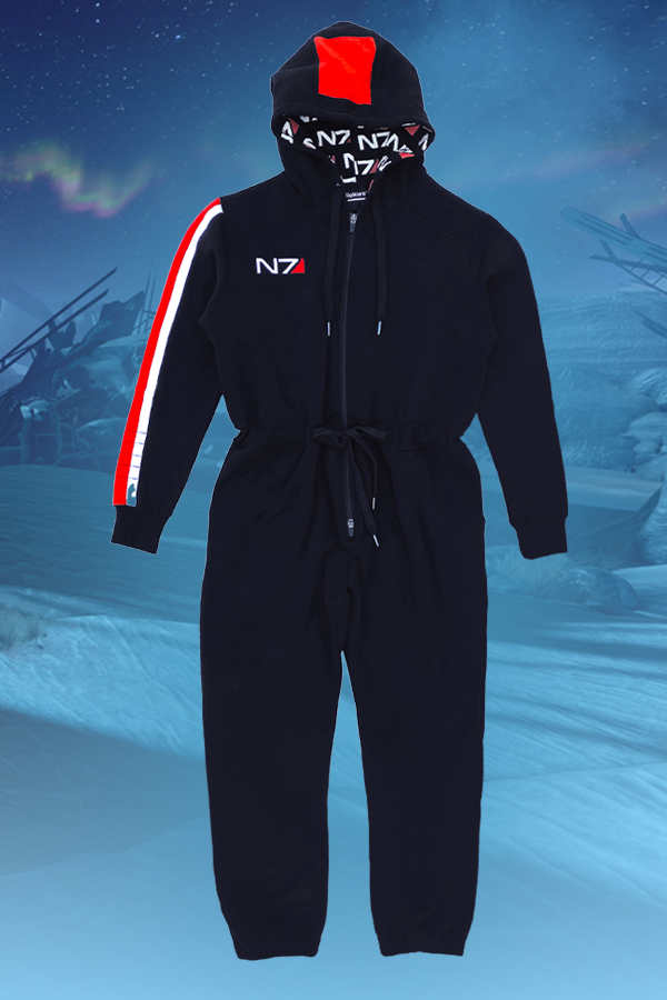 Image shows Mass Effect N7 Adult Onesie Reimagined facing front. Made with a cotton/polyester blend, this onesie features ribbed cuffs, an adjustable hood, and leg cuffs to keep the cool winter air away from you. And while it may not be able to protect you from the blizzards in Ontaheter, it’s more than plenty to keep yourself snuggled up during winters on Earth.