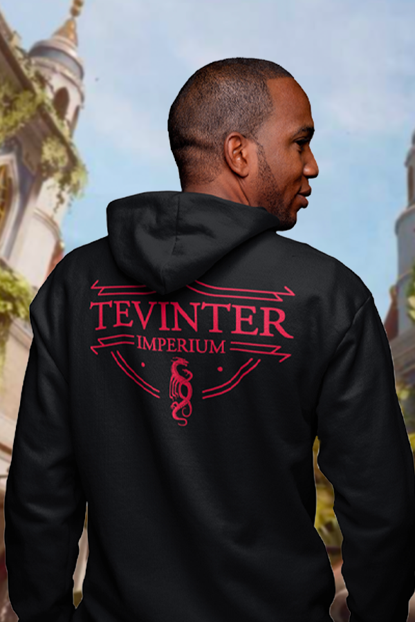 Image shows Dragon Age Tevinter Hoodie worn by male model facing back. Product features a back printed graphic and 3-panel hood.