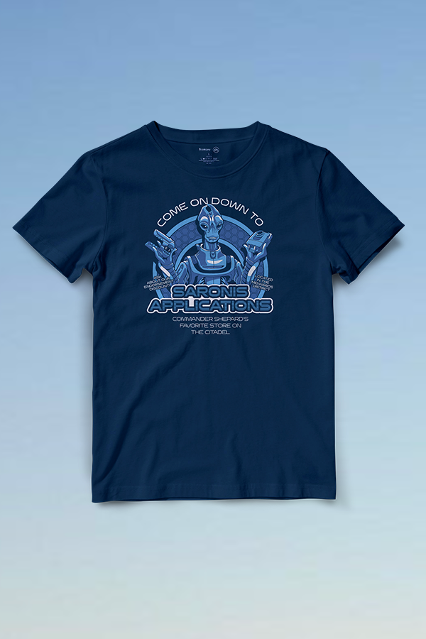 Image shows Mass Effect Saronis Applications Tee facing front. Features the picture of Marab with text in blue. Made using premium cotton fabric, this T-shirt is breathable and comes in a unisex fit. Complement it with a pair of dark jeans or joggers to complete the look.