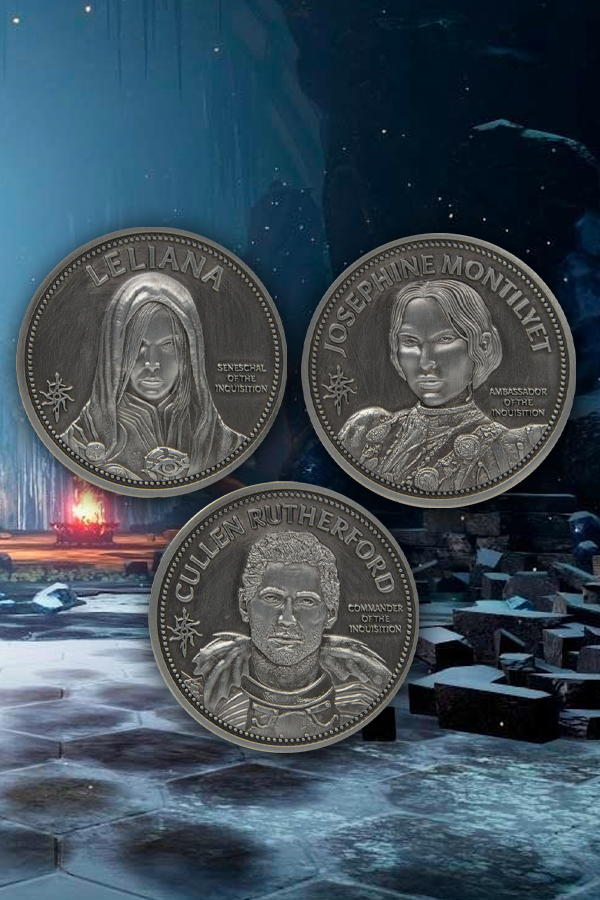 Image shows Dragon Age Three Advisors Coin Set with all three coins facing front. The commander, Cullen Rutherford, leads the military forces and their training, the Seneschal Leliana takes charge of covert operations and liaisons, while Josephine Montilyet coordinates diplomatic efforts as the ambassador. Whether it’s through brute force, inconspicuous knowledge about the enemy, or peaceful diplomacy, you can always count on the three advisors to help you achieve your goals.