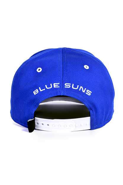 Image shows Mass Effect Blue Suns Hat facing back. Product features a "Blue Suns" embroidered in white at the back. 