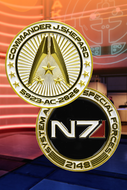 Image shows Mass Effect N7 Premium Box's System Alliance coin with the front and back of the coin facing front. The coin is made of zinc alloy with imitation gold plating and soft enamel. The Systems Alliance is the representative body of Earth and all human colonies in Citadel space. Backed by Earth's most powerful nations, the Alliance has become humanity's military, exploratory, and economic spearhead.