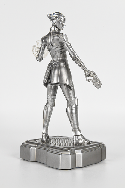 Image shows Liara T'Soni Silver Edition Statue facing back. Product is made with polyresin and standing at approximately 8 inches.