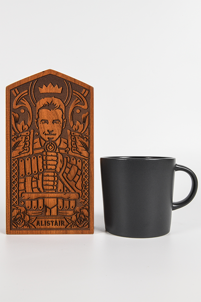 Image shows the top cover of the wooden box facing front standing beside a mug (for scale). The box is 4" x 2.3" x 7,5" with a black velvet interior.