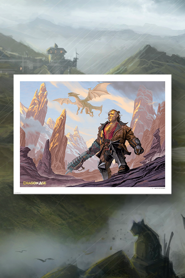 Image shows Dragon Age Varric Fince Art Print facing front. Product is 18 x 24 and you may add it to your gallery or gift it to a fellow dragon slayer (or someone who believes they are one).
