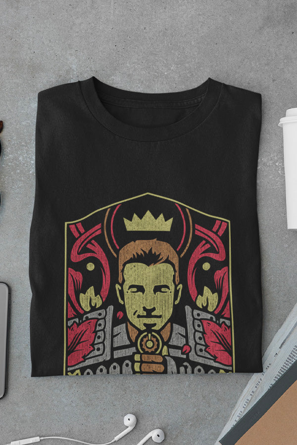Image shows Dragon Age Alistair Portrait Tee laid flat and folded facing front. Product is made of 60% airlume combed and ringspun cotton/40% polyester. 