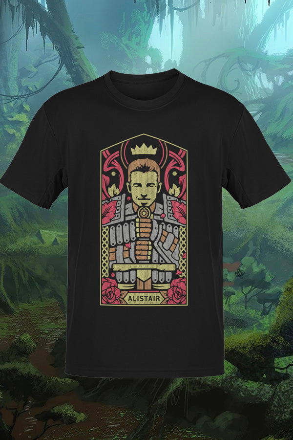 Image shows Dragon Age Alistair Portrait Tee facing front. This printed Tee captures the would-be king in his Grey Warden attire, wearing his signature smirk and holding his sword near. The symmetric design features three colors and adds a retro artistic touch to the printed Tee.