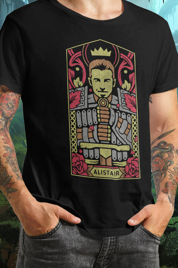  Image shows Dragon Age Alistair Portrait Tee worn by male model facing at an angle. Product features a tri-colored Alistair portrait print. Product comes in men's and women's retail fits.