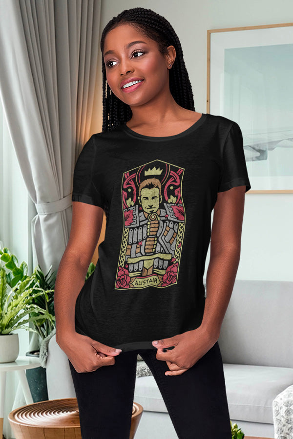 Image shows Dragon Age Alistair Portrait Tee worn by female model facing front at an angle. Product features a cover stitched collar and sleeves with shoulder to shoulder taping.