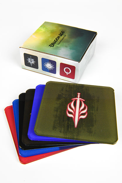 Image shows all 6 coasters fanned out with the Templar of Order on top while having the box (closed) at the far back. 
