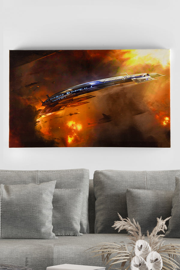Image shows Mass Effect Normandy Canvas facing front over a couch with pillows.  Product features the Normandy SR-2 in the midst of battle during the Reaper’s invasion of Earth. 