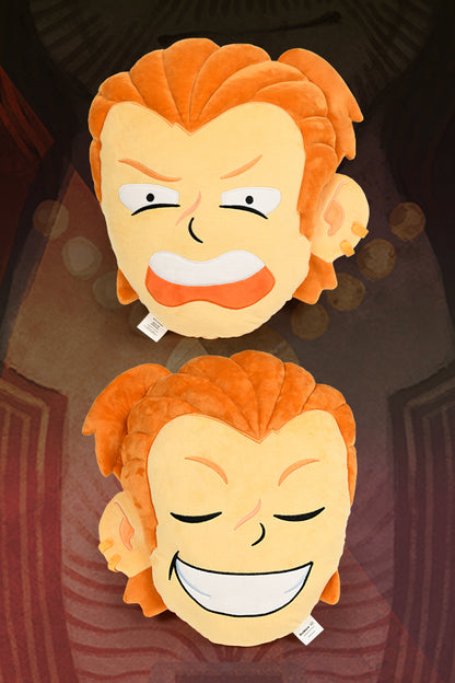 Image showing the Dragon Age Varric Plush Pillow and its 2 expressions. First shows his rogue-enraged expression, second shows his usual cheery one.   This product is a double sided pillow made with 100% Polyester Minky Fabric and stuffed with Polyester. It features Varric's orange pony tailed hair and fair colored skin. 
