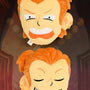 Image showing the Dragon Age Varric Plush Pillow and its 2 expressions. First shows his rogue-enraged expression, second shows his usual cheery one.   This product is a double sided pillow made with 100% Polyester Minky Fabric and stuffed with Polyester. It features Varric's orange pony tailed hair and fair colored skin. 