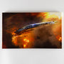 Image shows Mass Effect Normandy Canvas facing front, portraying player character, Commander Shepard's starship in the din of battle.