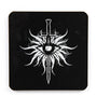 Image shows the coaster with the Inquisition heraldry symbol.  The symbol is white showing the blade of mercy pointing down under the all seeing eye over a black background. 