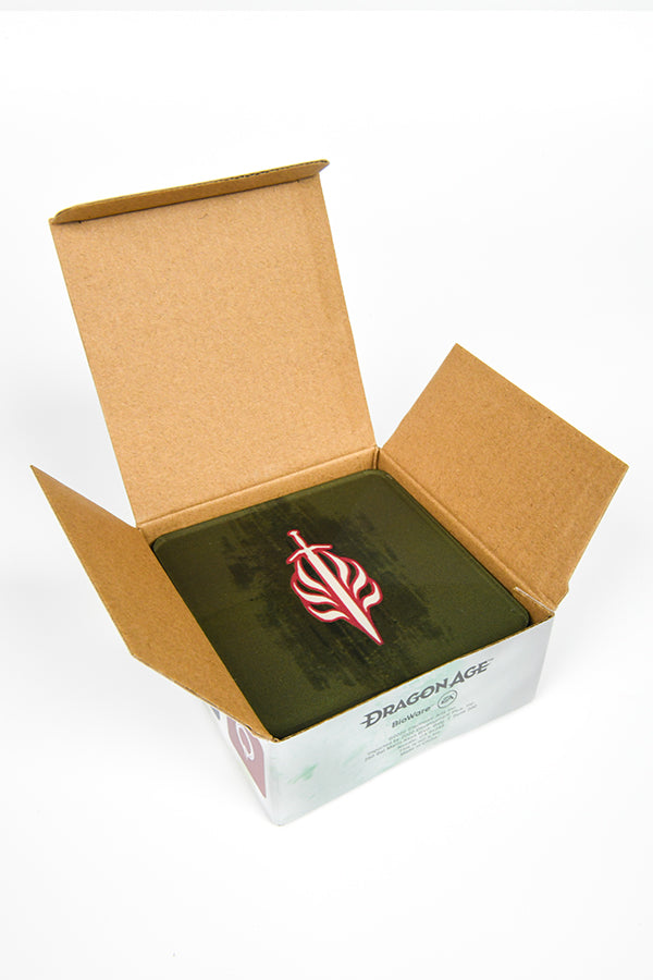 Image shows an open box with all 6 coasters inside while having the Templar of Order on top. 