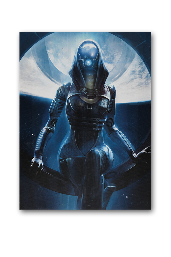 Image shows Mass Effect Tali Small Canvas Print facing front. This is a canvas print stretched over a wooden frame and can be hung on pegs or nails straight out of the box (hanging hardware included).