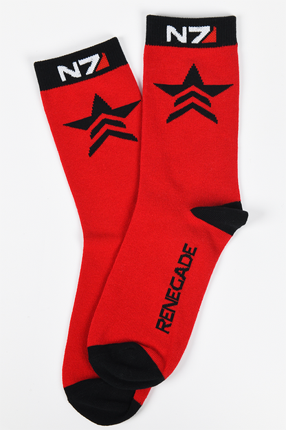 Image shows Mass Effect Renegade socks laid flat. Product is colorful and stylish, these socks add a touch of personality and that N7 special ops awesomeness to your everyday outfits.