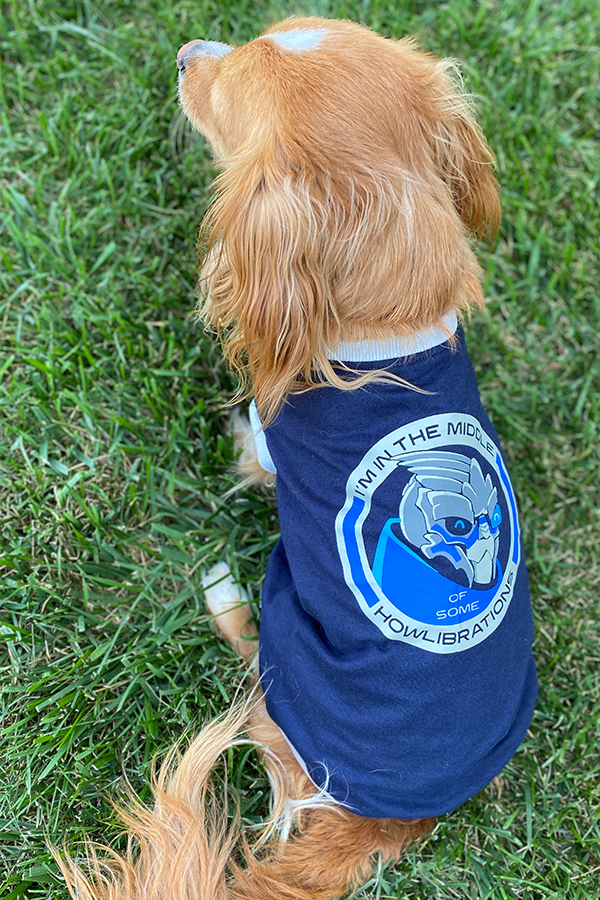 Image shows a dog sitting upright facing back while wearing the Garrus Barkarian Dog Tee.