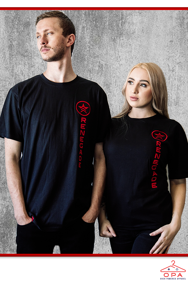 Image shows Mass Effect True Renegade OPA Tee worn by both male and female model facing at an angle.