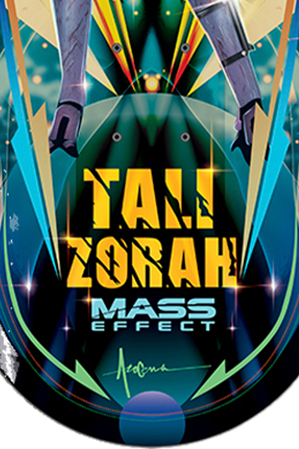 Image shows Mass Effect Tali Zorah Skate Deck with the text below Tali Zorah's feet zoomed in. Text are as follows " TALI ZORAH Mass Effect"