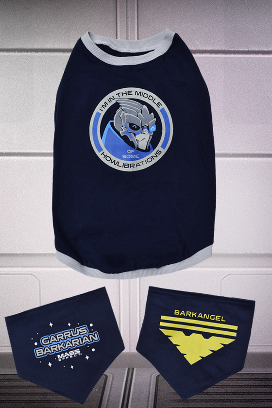 Image shows Mass Effect Garrus Barkarian Dog Tee and Bandana Set with the dog tee and bandanas facing front. A tribute to their Turian moniker, this bandana, and printed tee set features the image of Garrus with the quote “I’m in the middle of some Howlibrations”. The soft 100% cotton jersey tee and bandana keep your dog comfortable and menacingly stylish—much like Garrus.