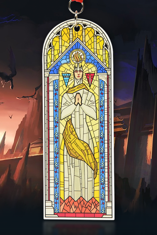 Image shows Dragon Age Andraste Stain Glass Holiday Ornament facing front. The legend of Andraste is one that father time can never erase. From a slave of the Tevinter Imperium, she became a prophet, then a war leader, and finally, the oracle of Thedas. Even Archon Hessarian, the command that ordered her execution, turned around as her biggest follower.