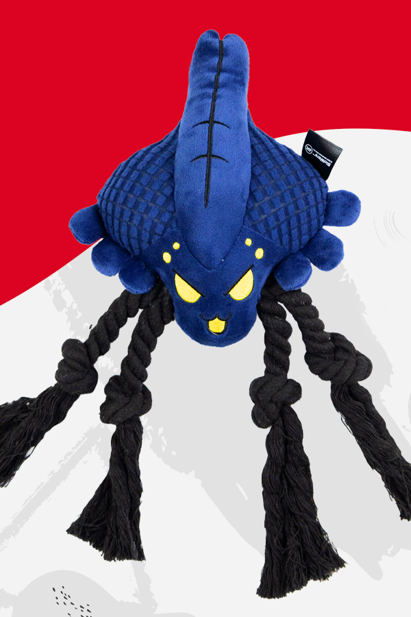 Image shows Mass Effect Pet Chew Toy facing front. The product is an adorable version of the Mass Effect's reaper with 4 thick rope-like legs for tug-of-war playing. The product is blue with black ropes.