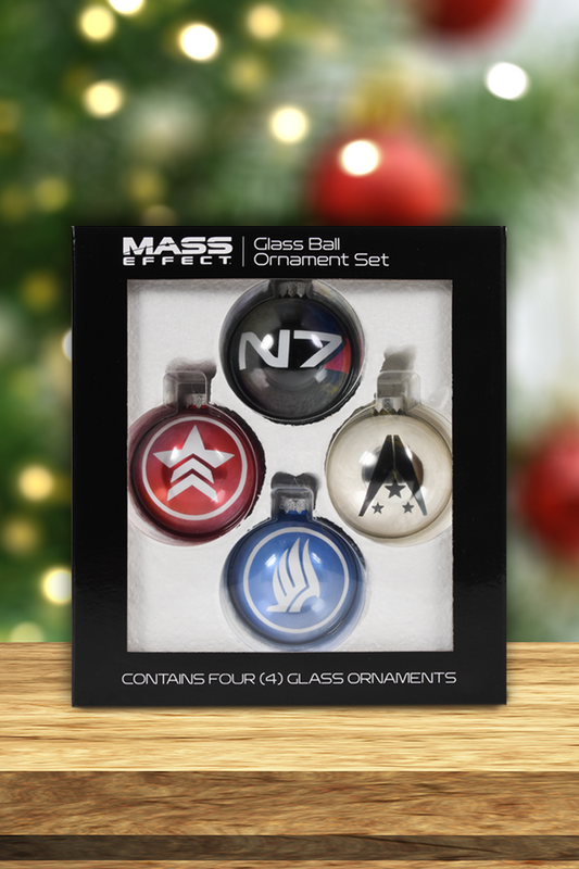This Mass Effect Glass Ball Ornament Set features 4 glass ornaments that are printed with an insignia—blue (Paragon), red (renegade), silver (Systems Alliance Navy), and Black (N7). 
