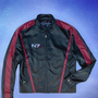 Image shows Mass Effect N7 Jacket Reimagined facing front with the left arm sleeve folded to the jacket's left side pocket. Fully lined with a front zip closure, this 100% polyester leather jacket is created in the image of the one from the game. It features classic red stripes and details, the N7 logo embroidered on the chest, and welted zip pockets.