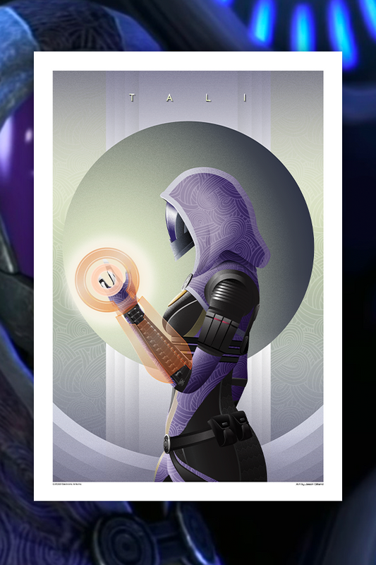 Image shows Mass Effect Tali Fine Art Print Lithograph facing front. This print lithograph has Tali lost in thought, and we assume it’s about her time on the Normandy, specifically her encounters with you, Shepard. The artist has captured the details of her exo suit, the glow reflecting from her visor, and the geometric patterns on her veil.