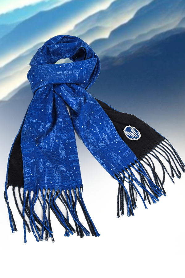 Image shows Mass Effect Ships and Stations Blueprint Scarf tied to look like it's wrapped around while laying flat. This wonderful Mass Effect Ships and Stations Blueprint Scarf captures the blueprints of these artificial wonders.
