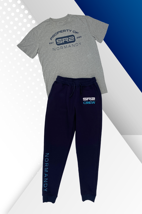 Image shows Mass Effect SR-2 Crew Member Lounge Set laid flat facing front. With a grey crew-neck T-shirt and a pair of blue pants, this set stays true to the colors of the SR-2 crew. The blended material is light, moisture-wicking, and breathable enough to handle the unique environments on Earth and the spaceship. With distinct embroidered text and prints on the T-shirt and pants, this ST-2 Crew Member Lounge Set is a great way to represent the greatest crew in the galaxy.