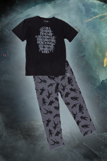 Image shows Dragon Age Companions Pajama Set laid flat facing front. Whether you’re a warrior like The Warden or a mere mortal like the rest of us, you always need a crew to fight through a horde of deadspawns. And with this Dragon Age Companions Pajama Set, they’re always near when you need them. The Pajama Set features the names of the 9 companions printed on the T-shirt and their silhouettes printed all over the pants.