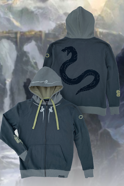 Image shows Dragon Age Dorian Pavus Hoodies each facing front and back. The hoodie comes in dual grey tones with green accents on the drawstring and inner fabric lining. Ribbed cuffs, kangaroo pockets, and a front zipper add to its functional details. Add it to your winter collection and embrace your inner Dorian Pavus.