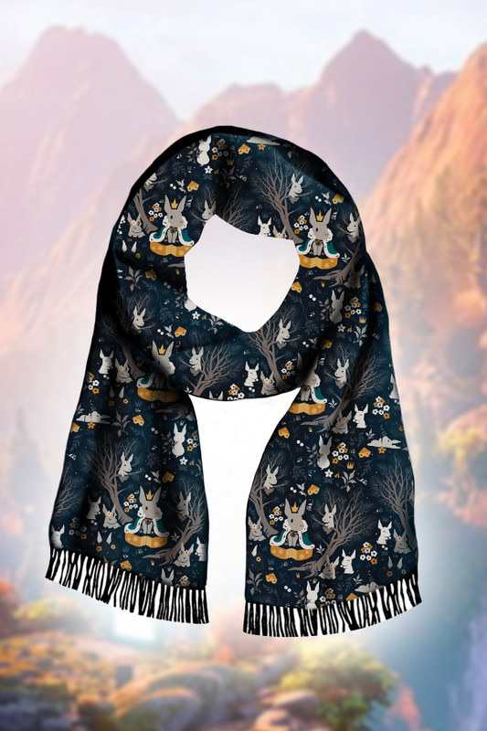 Image shows Dragon Age Nug King Scarf facing front. Let these starry-eyed friends add a whimsical touch to your winter outfits with this Dragon Age Nug King Scarf. Made using 100% polyester yarn, the brushed woven scarf features an all-over print..