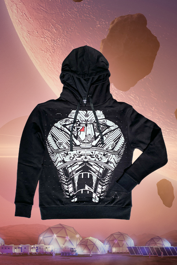 Image shows Mass Effect N7 Armour Hoodie facing front. While being part of the N7 crew and donning Shepard’s armor might be a long shot, looking like a badass commander isn’t. With a bright white print of the N7 armor, this hoodie captures the intricate workings of this advanced warfare outfit. An N7 emblem at the chest plate adds to the design’s ultra-cool appeal.