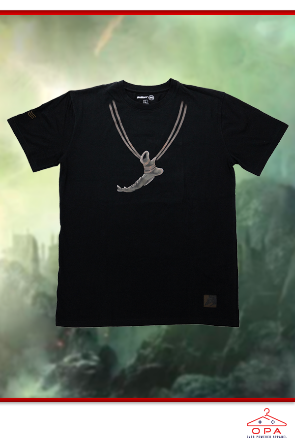 Image shows Dragon Age Solas Jawbone OPA Tee facing front. While you may never get your hands on the Dread Wolf’s iconic necklace, this OPA Tee comes close. It’s got the necklace printed around the neck, a Dread Wolf patch stitched near the bottom hem, and embroidered patterns on the right sleeve. 