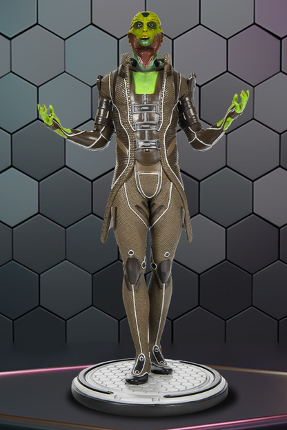Image shows Thane Krios Statue standing up facing front. This Mass Effect Thane Krios Statue showcases Thane with his arms stretched wide and eyes staring into the sky. His signature scaly jacket with its leathery brown sleeve, the buckled vest underneath, and textured pants with their silver-lined accents are perfectly recreated along with his green leathery skin and the red flares under his chin.