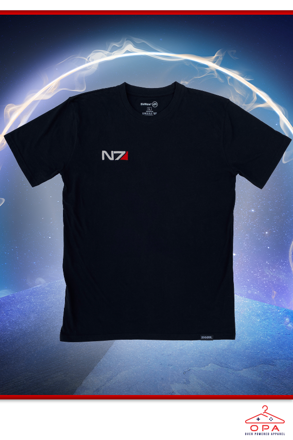 Image shows Mass Effect N7 3D Embroidered OPA T-Shirt facing front. Product's got the N7 embroidered logo on the chest to separate you from the NPCs of the world while being super comfortable and light for all your outdoor escapades. It’s no N7 armor, but it gets the job done for all your civilian duties.