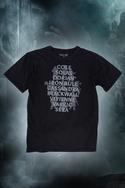 Image shows Dragon Age Companions Set's shirt facing front. The tee is black with the names of the 9 companions printed in the front. 