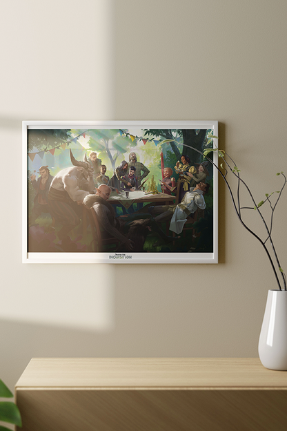 Image shows the Dragon Age First Day of Summer Lithograph hanging on a wall. Product features a full bleed print stretched over a wooden frame.