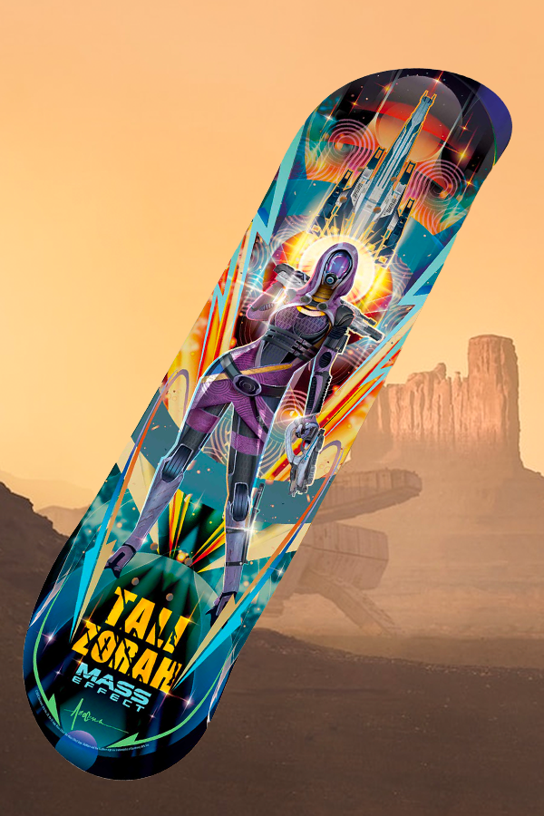  Image shows Mass Effect Tali Zorah Skate Deck with the deck side facing at a left angle. A mechanical genius and researcher extraordinaire, Tali Zorah is the kind of companion to have long intelligent conversations while trying to decipher Geth recordings. She is loyal and reliable—not one to crumble under pressure—just like this skate deck. 