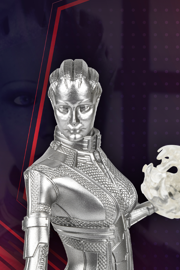 Image shows Liara T'Soni Silver Edition Statue facing front with Liara's upper body zoomed in. Product is a limited edition with only 1500 worldwide and a certificate of authenticity included. 