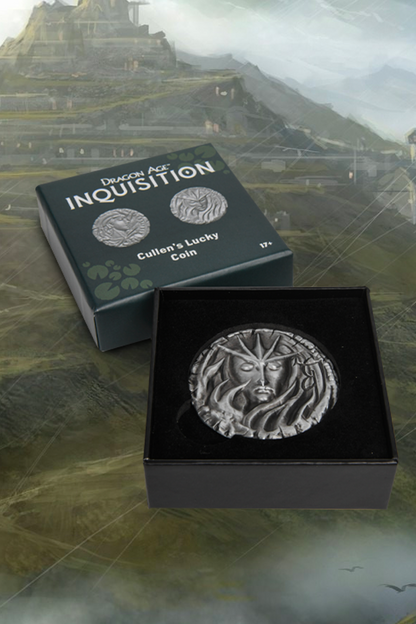 Image shows Dragon Age Cullen's Lucky Coin in its soft-padded display case. Product is officially-licensed by Bioware. The coin was gifted by Cullen's brother to serve as a talisman of truth, luck and decisiveness.