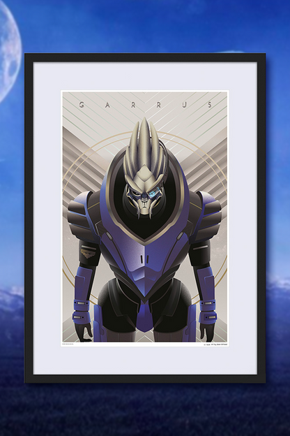 Image shows Mass Effect Garrus Fine Art Print with a black frame facing front. Product is a official Mass Effect fine art print.