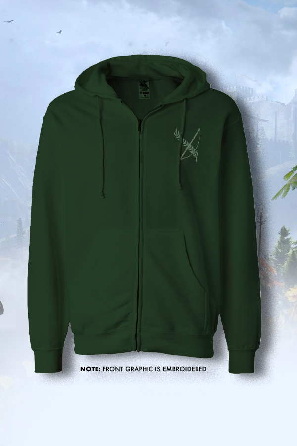 Image shows Dragon Age Dalish Hoodie facing front. Product features an embroidered archer emblem on the wearer's left chest. 