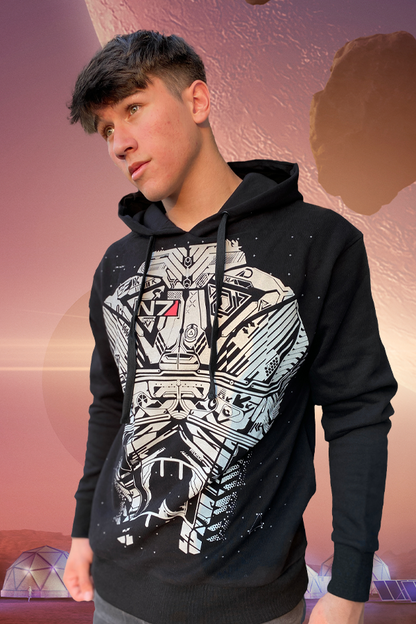 Image shows Mass Effect N7 Armour Hoodie worn by male model facing at an angle. Made using cotton and polyester, this hoodie is light and keeps you protected from the weather just as good as the N7 armor does from alien attacks.