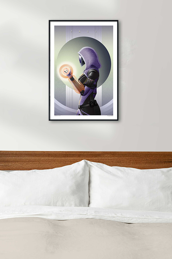 Image shows Mass Effect Tali Fine Art Print Lithograph hanging on a wall above a bed facing front. Product is made with 100# white chorus art. Product size is 16.5" x 24".