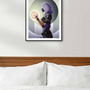 Image shows Mass Effect Tali Fine Art Print Lithograph hanging on a wall above a bed facing front. Product is made with 100# white chorus art. Product size is 16.5